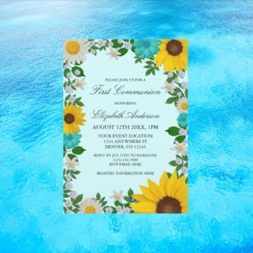 Rustic Sunflower Daisy Floral First Communion Invitation