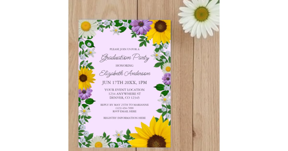 Rustic Sunflower Daisy Floral Graduation Party Invitation | Zazzle