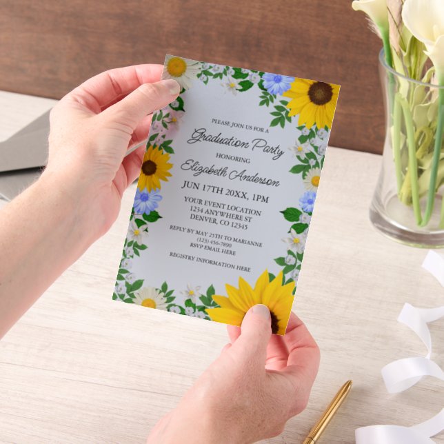 Rustic Sunflower Daisy Floral Graduation Party Vellum Invitations (Handheld)