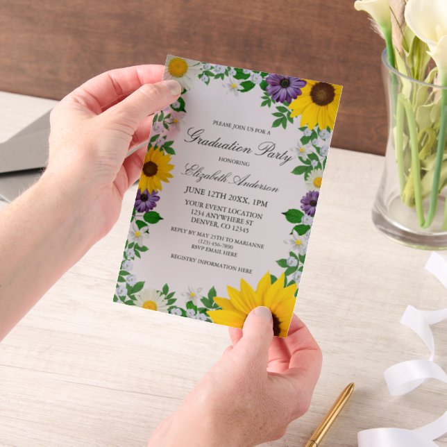 Rustic Sunflower Daisy Floral Graduation Vellum Invitations (Handheld)