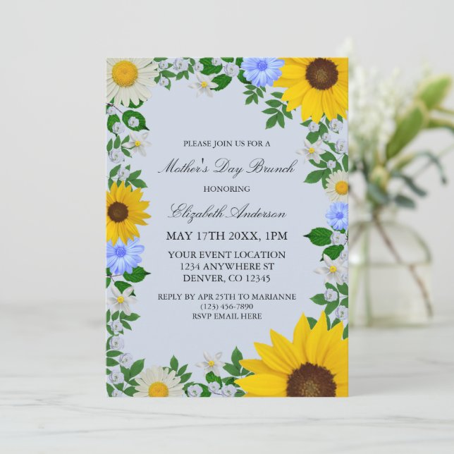 Rustic Sunflower Daisy Floral Mother's Day Invitation (Standing Front)