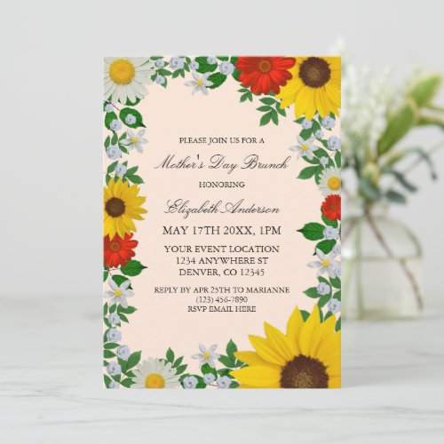 Rustic Sunflower Daisy Floral Mothers Day Invitation