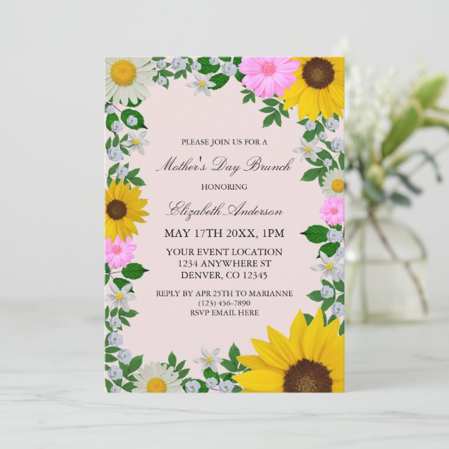 Rustic Sunflower Daisy Floral Mother's Day Invitation (Standing Front)