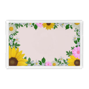 Rustic Sunflower Daisy Floral Pink Acrylic Tray
