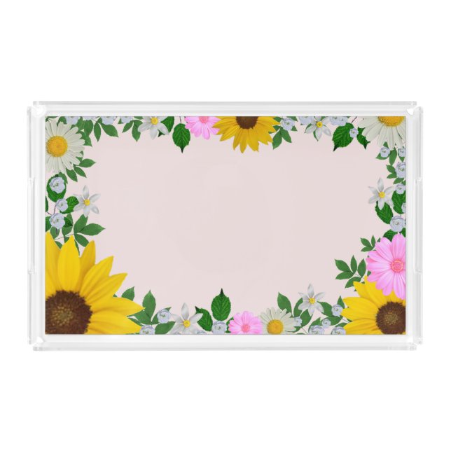 Rustic Sunflower Daisy Floral Pink Acrylic Tray (Front)