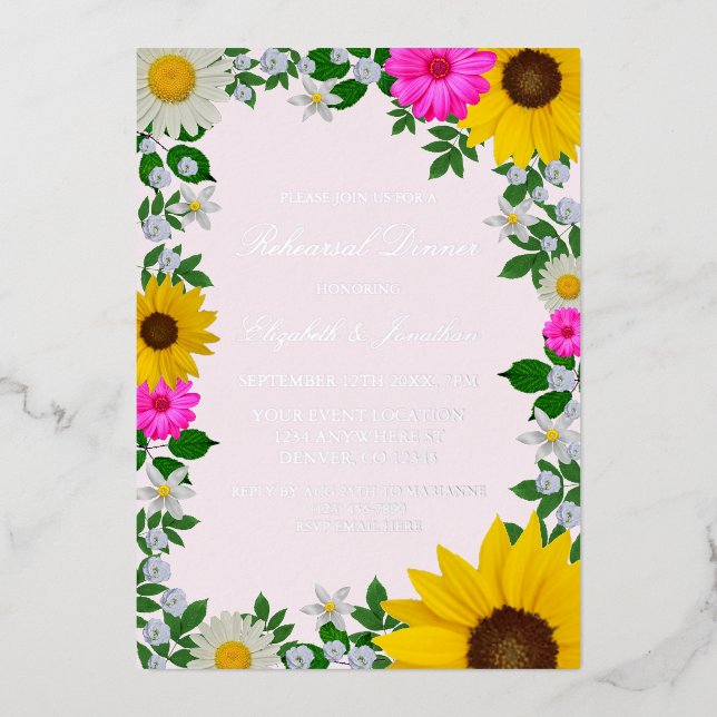Rustic Sunflower Daisy Floral Rehearsal Dinner Foil Invitation (Front)