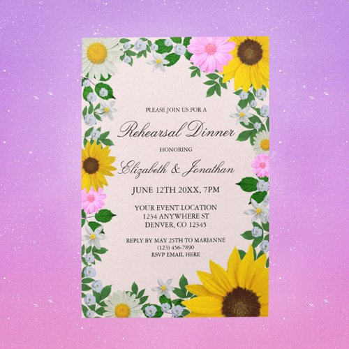 Rustic Sunflower Daisy Floral Rehearsal Dinner Invitation