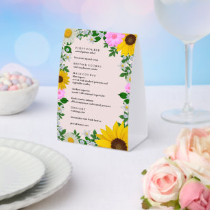 Rustic Sunflower Daisy Floral Wedding Menu Paper Table Tent