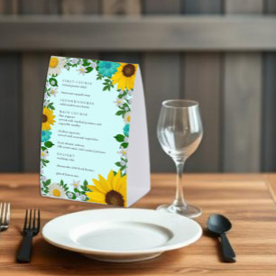 Rustic Sunflower Daisy Floral Wedding Menu Paper Table Tent