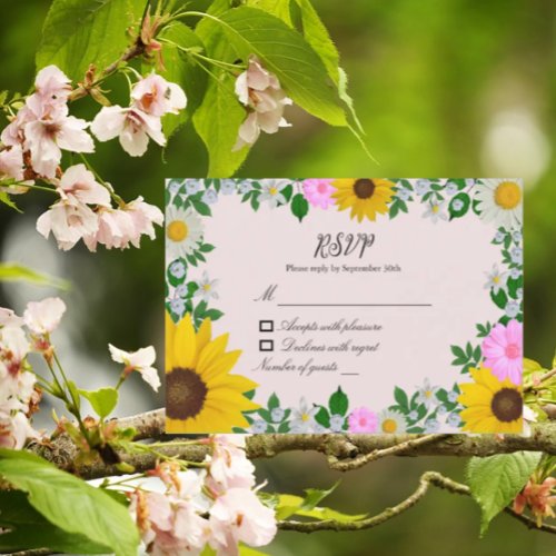 Rustic Sunflower Daisy Floral Wedding RSVP Card