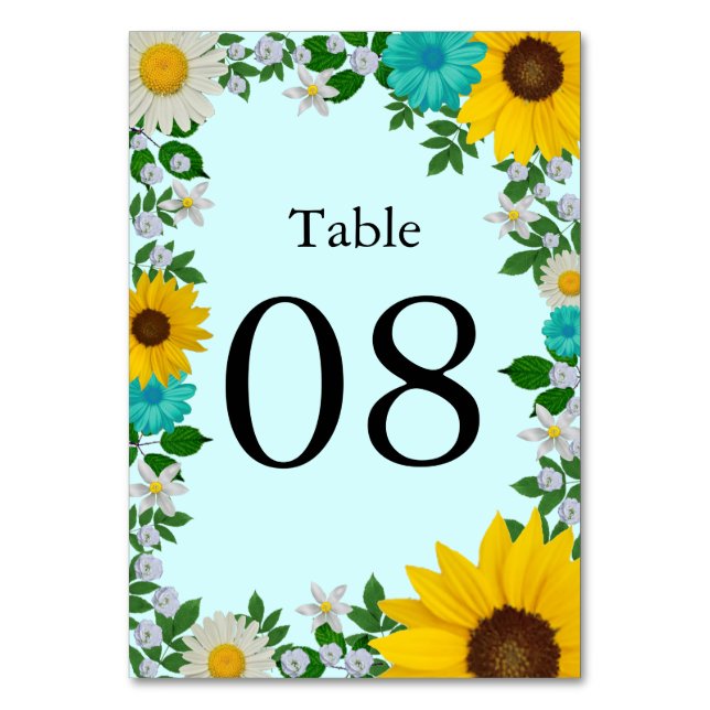 Rustic Sunflower Daisy Floral Wedding Table Number (Front)