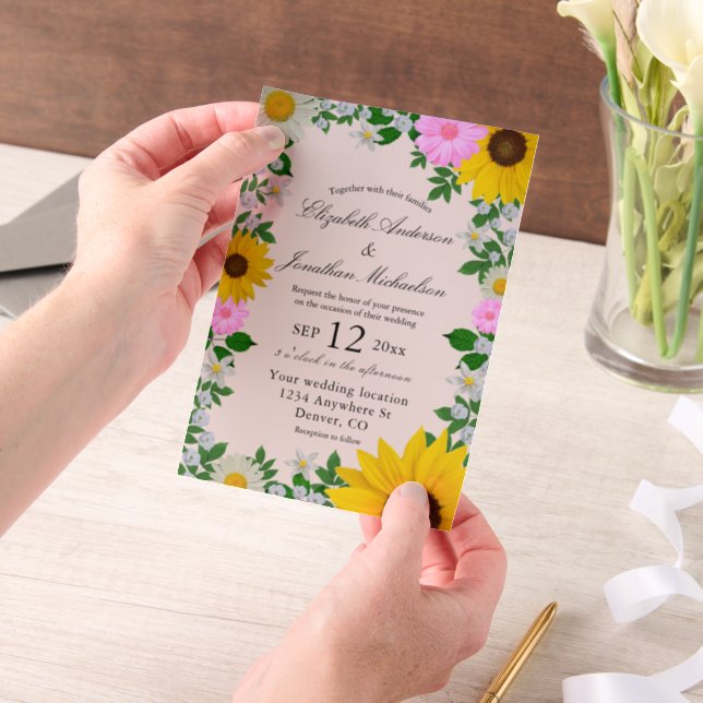 Rustic Sunflower Daisy Floral Wedding Vellum Invitations (Handheld)