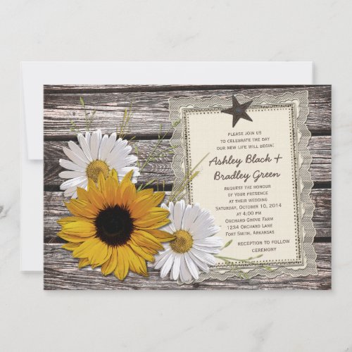 Rustic Sunflower Daisy Lace Wood Wedding Invitation