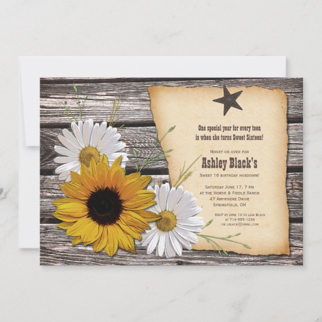 Rustic Sunflower Daisy Sweet 16 Birthday Invitation (Front)