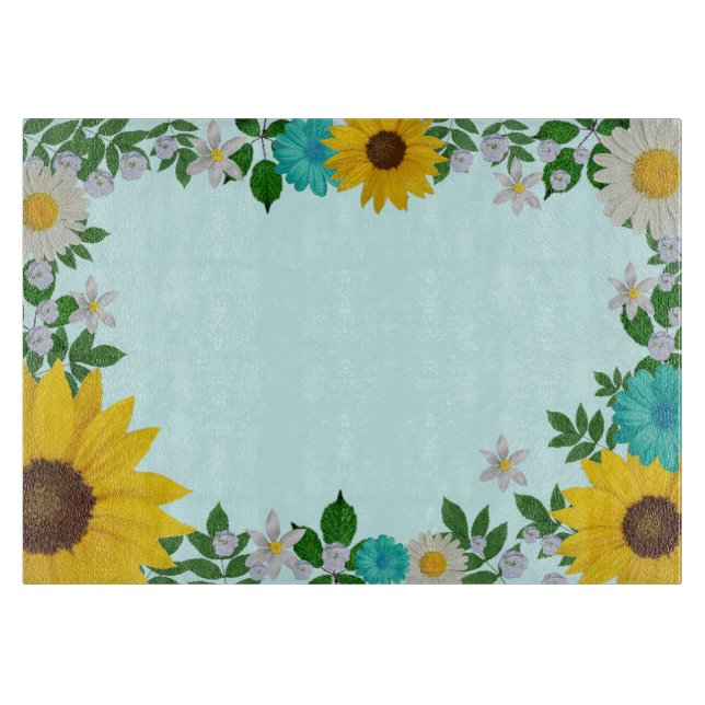 Rustic Sunflower Daisy Teal Floral Cutting Board (Front)