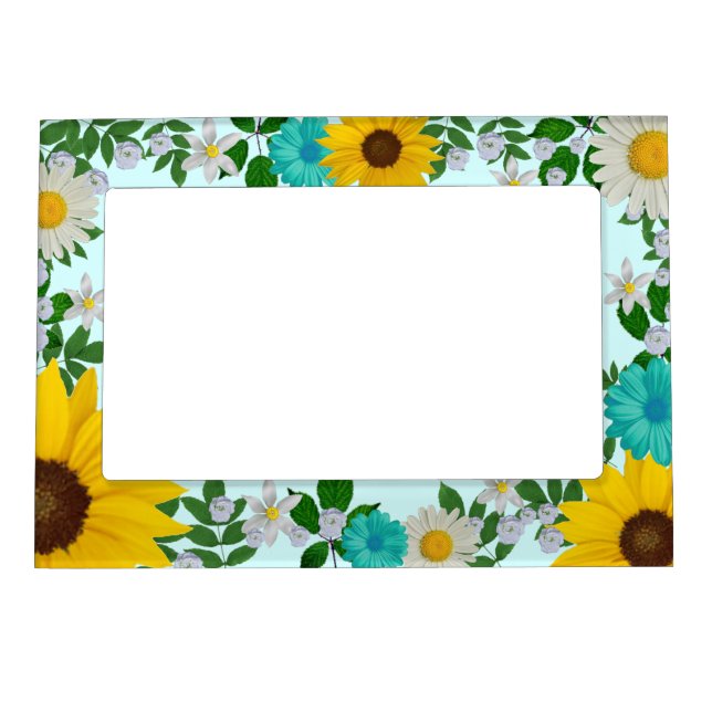 Rustic Sunflower Daisy Teal Floral Magnetic Frame (Front)