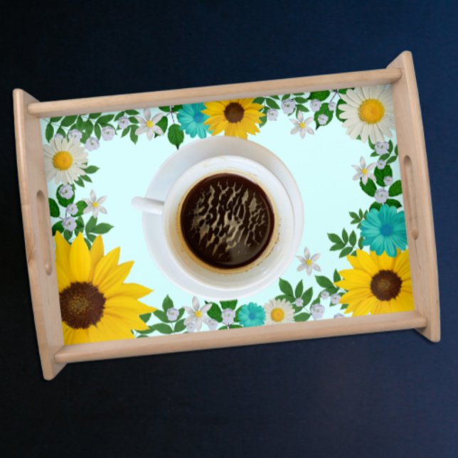 Rustic Sunflower Daisy Teal Floral Serving Tray (Creator Uploaded)