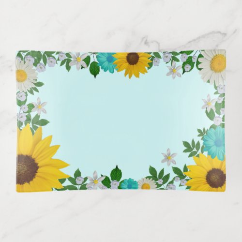 Rustic Sunflower Daisy Teal Floral Trinket Tray