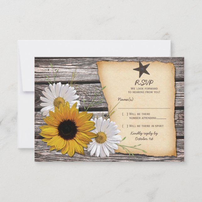 Rustic Sunflower Daisy Wedding Reply Card (Front)