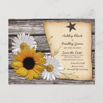 Rustic Sunflower Daisy Wedding Save The Date Announcement Postcard by wasootch at Zazzle