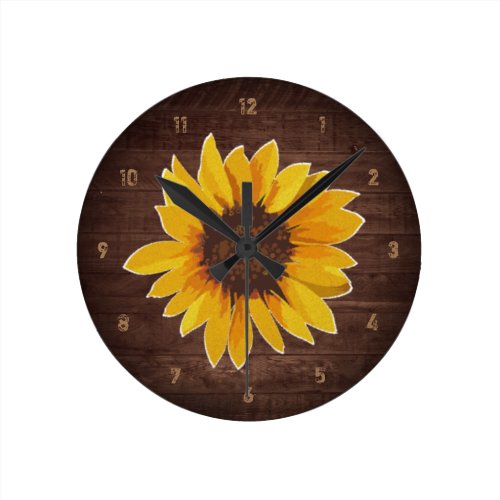 Rustic Sunflower Dark Wood &amp; Numbers Round Clock