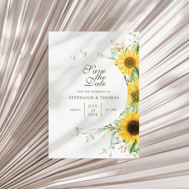 Rustic Sunflower Delight Save The Date Card (Rustic Sunflower Delight Save The Date Card on a sunny neutral dry palm leaf.)