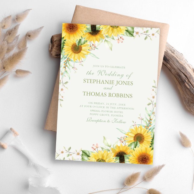 Rustic Sunflower Delight Wedding Invitation (Rustic Sunflower Delight Wedding Invitation on a boho table.)