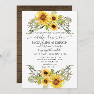 Rustic Sunflower Drive By Baby Shower Watercolor Invitation