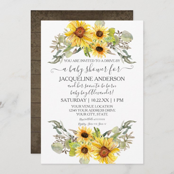Rustic Sunflower Drive By Baby Shower Watercolor Invitation Zazzle