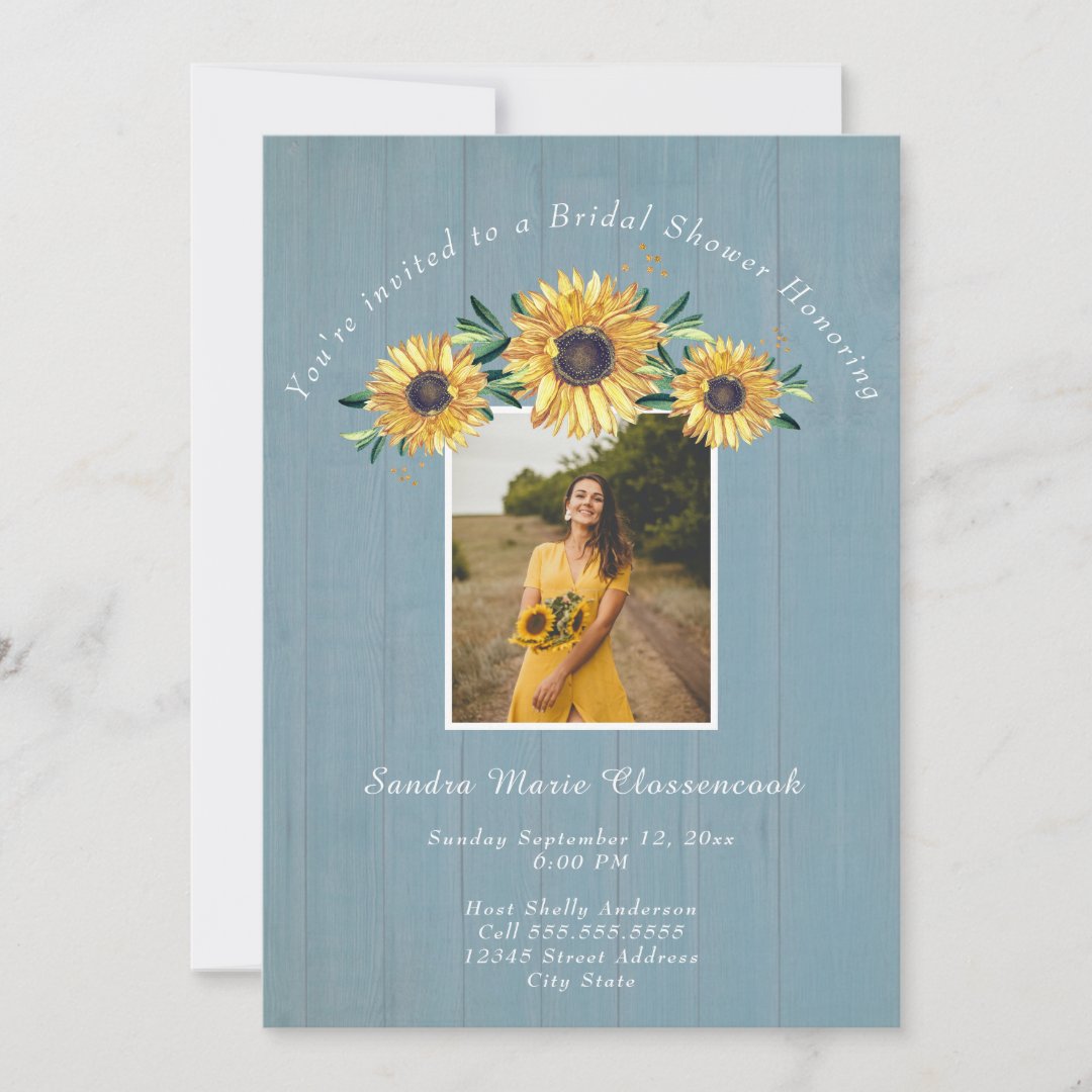 Rustic Sunflower Dusty Blue Wedding Bridal Shower Invitation 