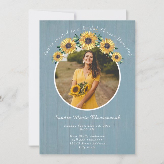Rustic Sunflower Dusty Blue  Wedding Bridal Shower Invitation (Front)