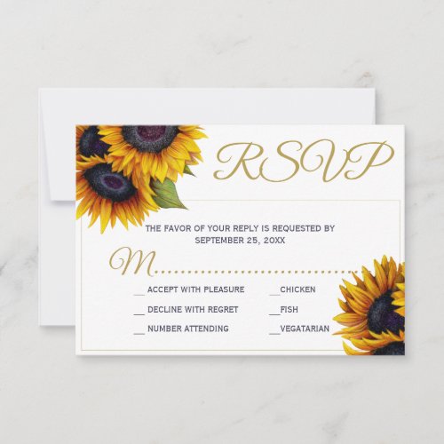 Rustic sunflower elegant chic gold script wedding RSVP card