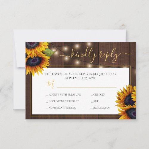 Rustic sunflower elegant gold script wood wedding RSVP card