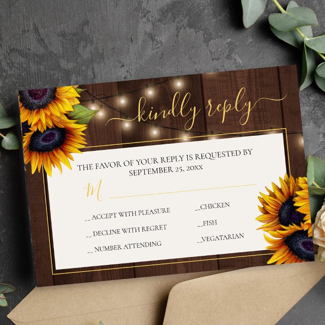 Rustic sunflower elegant gold script wood wedding  RSVP card (Creator Uploaded)