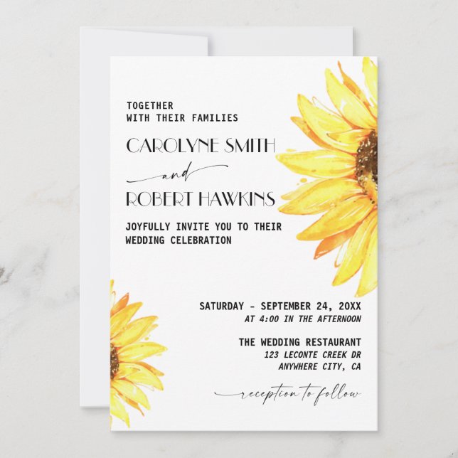 Rustic Sunflower Elegant  Watercolor Wedding Invitation (Front)