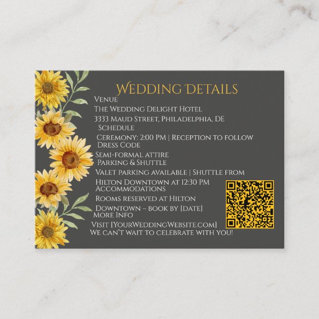 Rustic Sunflower Elegant Wedding Details  Enclosure Card (Front)