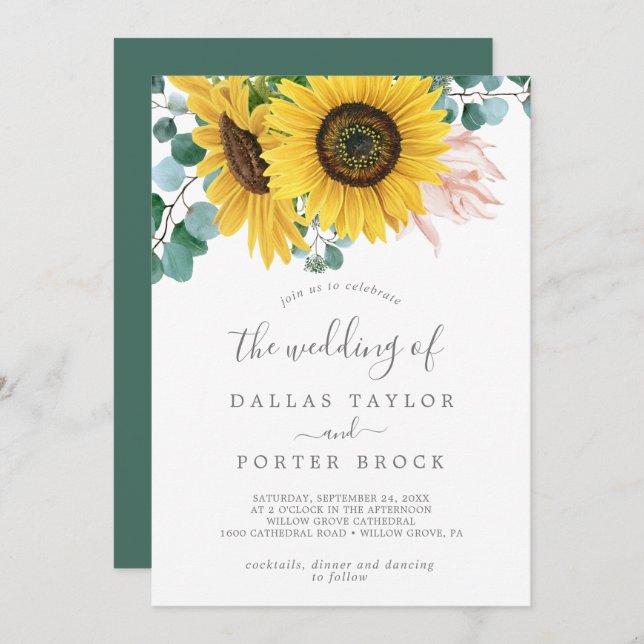 Rustic Sunflower Eucalyptus All In One Wedding Invitation (Front/Back)