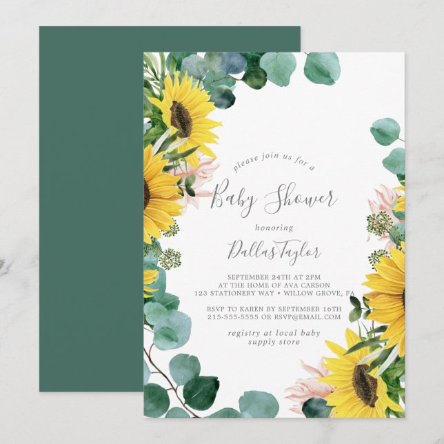 Rustic Sunflower Eucalyptus Baby Shower Invitation (Front/Back)