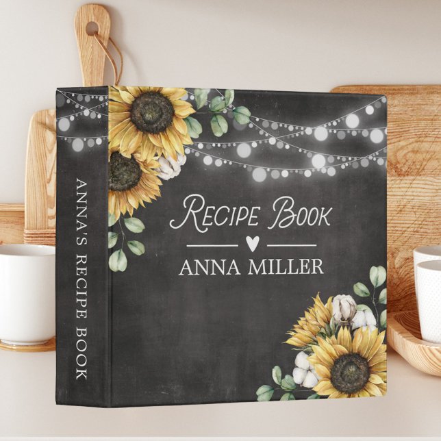 Rustic Sunflower Eucalyptus Black Recipe Cookbook 3 Ring Binder (In situ)