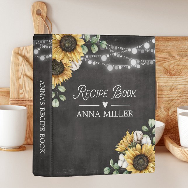 Rustic Sunflower Eucalyptus Black Recipe Cookbook Mini Binder (In situ)