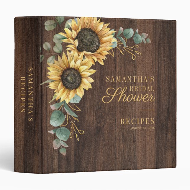 Rustic Sunflower Eucalyptus Bridal Shower Recipes 3 Ring Binder (Front/Spine)