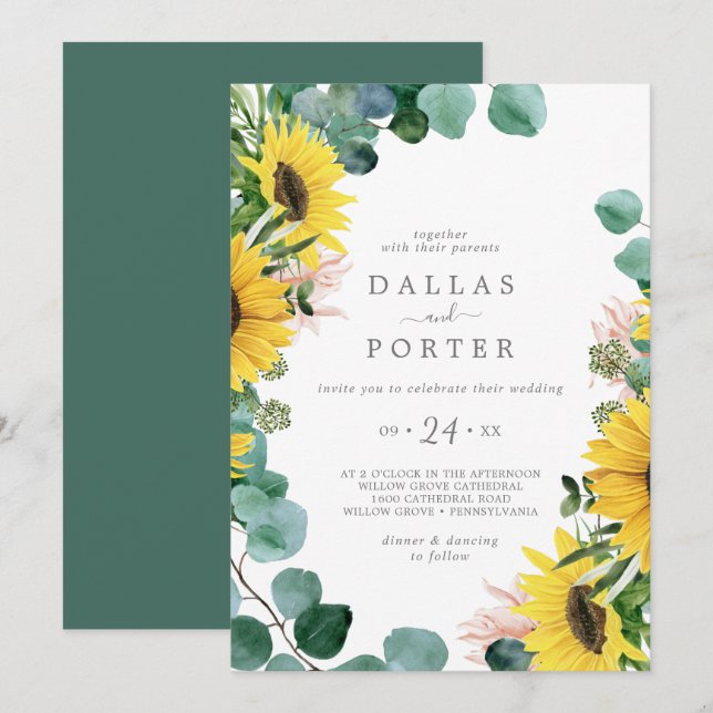 Rustic Sunflower Eucalyptus Casual Wedding Invitation (Front/Back)