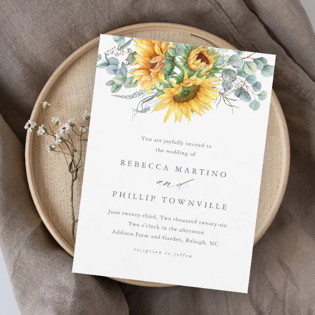 Rustic Sunflower Eucalyptus Elegant Wedding Invitation | Zazzle