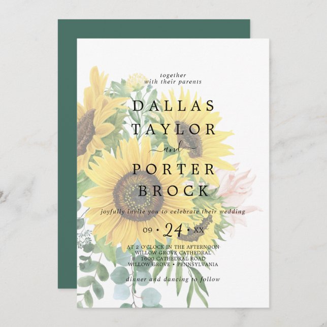 Rustic Sunflower Eucalyptus Faded Wedding Invitation (Front/Back)