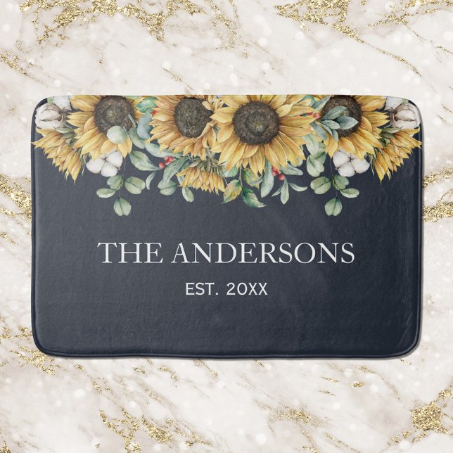 Rustic Sunflower Eucalyptus Floral Botanical Black Bath Mat (In situ)