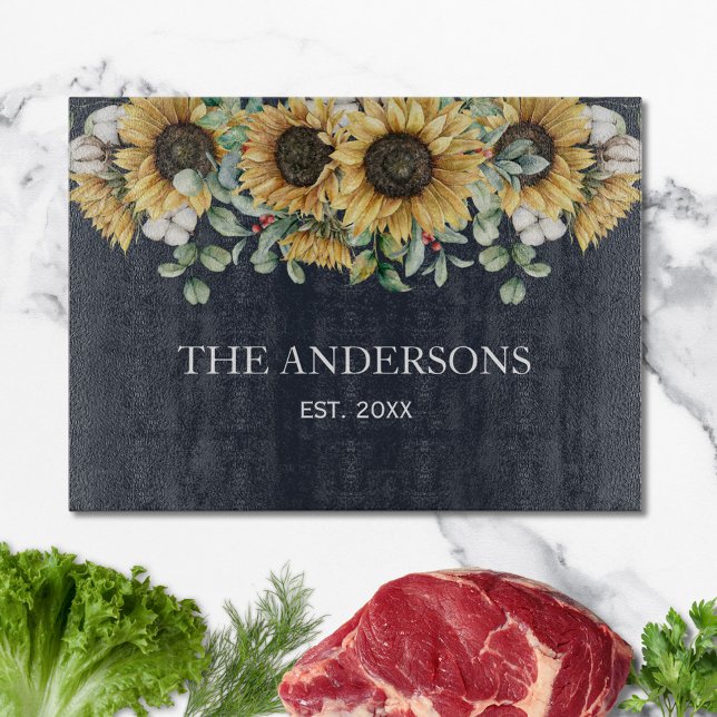 Rustic Sunflower Eucalyptus Floral Botanical Black Cutting Board (In situ)