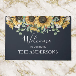 Rustic Sunflower Eucalyptus Floral Botanical Black Doormat