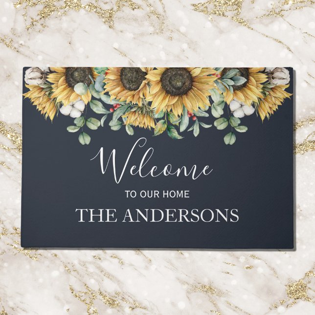 Rustic Sunflower Eucalyptus Floral Botanical Black Doormat (In situ)