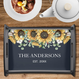 Rustic Sunflower Eucalyptus Floral Botanical Black Serving Tray