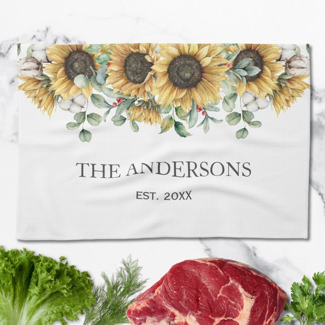 Rustic Sunflower Eucalyptus Floral Botanical Kitchen Towel (In situ)